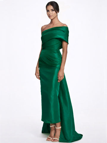 Sheath/Column Evening Dress Taffeta One-Shoulder Sleeveless Ankle-Length Evening Dress With Back Bow