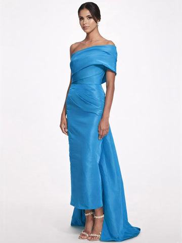 Sheath/Column Evening Dress Taffeta One-Shoulder Sleeveless Ankle-Length Evening Dress With Back Bow