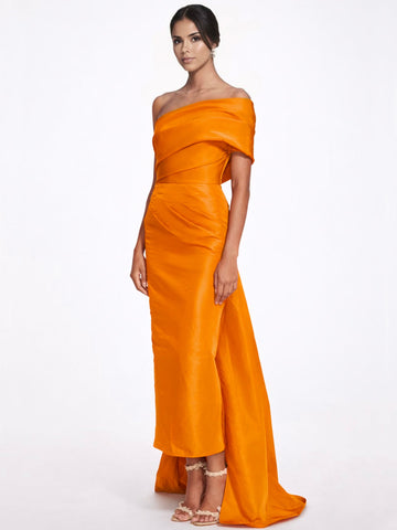 Sheath/Column Evening Dress Taffeta One-Shoulder Sleeveless Ankle-Length Evening Dress With Back Bow