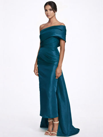 Sheath/Column Evening Dress Taffeta One-Shoulder Sleeveless Ankle-Length Evening Dress With Back Bow
