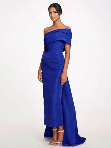 Sheath/Column Evening Dress Taffeta One-Shoulder Sleeveless Ankle-Length Evening Dress With Back Bow