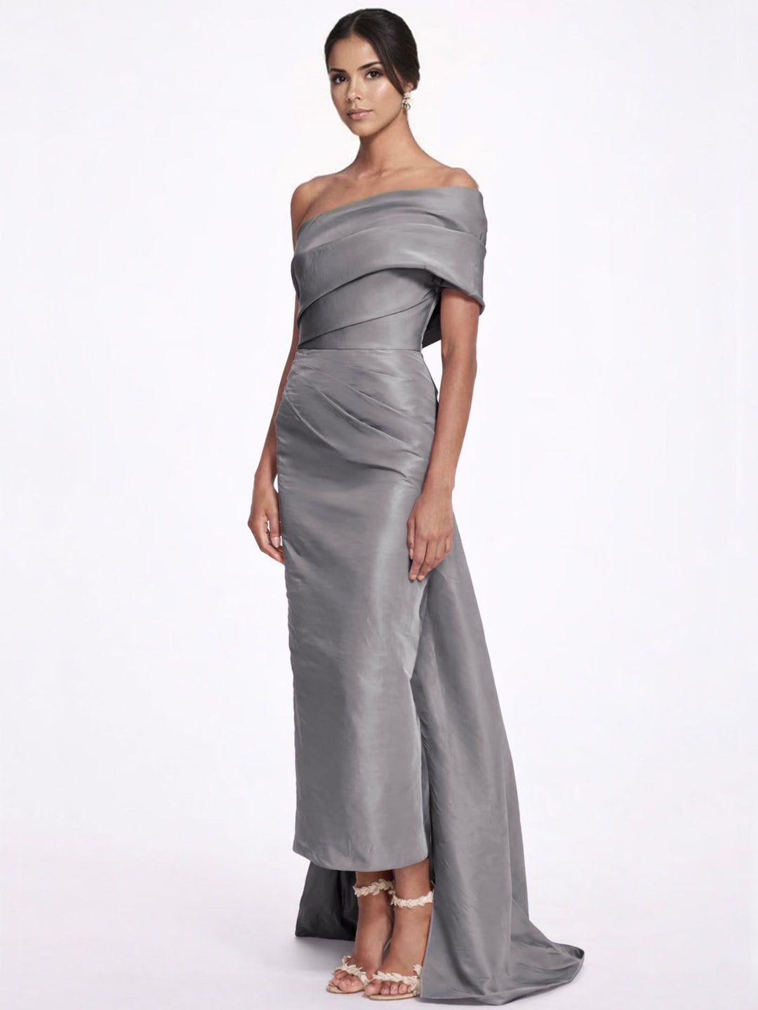 Sheath/Column Evening Dress Taffeta One-Shoulder Sleeveless Ankle-Length Evening Dress With Back Bow