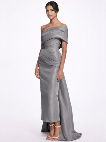 Sheath/Column Evening Dress Taffeta One-Shoulder Sleeveless Ankle-Length Evening Dress With Back Bow