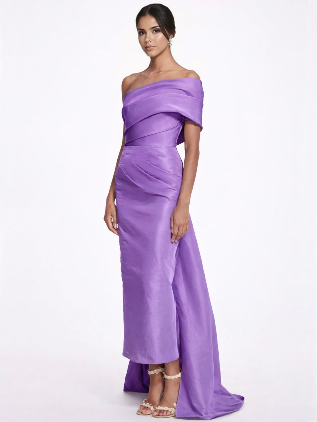 Sheath/Column Evening Dress Taffeta One-Shoulder Sleeveless Ankle-Length Evening Dress With Back Bow