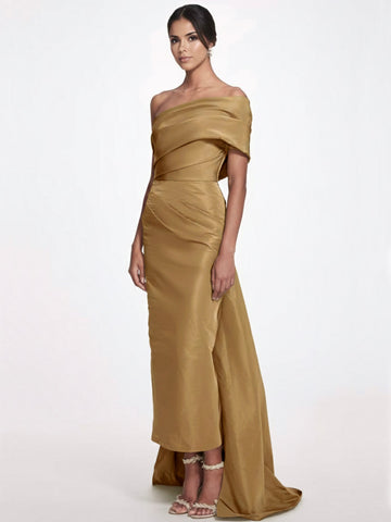 Sheath/Column Evening Dress Taffeta One-Shoulder Sleeveless Ankle-Length Evening Dress With Back Bow