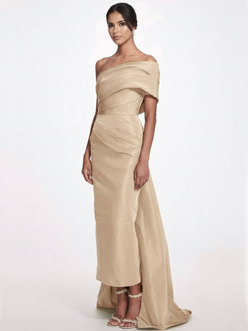 Sheath/Column Evening Dress Taffeta One-Shoulder Sleeveless Ankle-Length Evening Dress With Back Bow