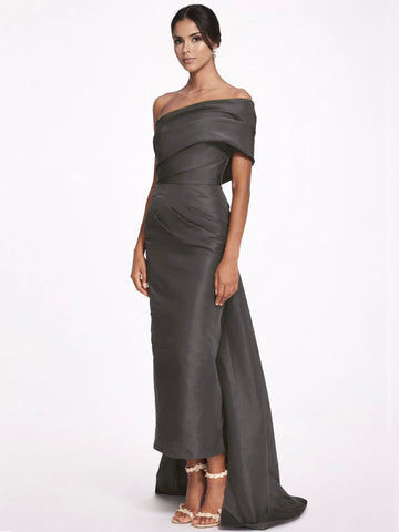 Sheath/Column Evening Dress Taffeta One-Shoulder Sleeveless Ankle-Length Evening Dress With Back Bow