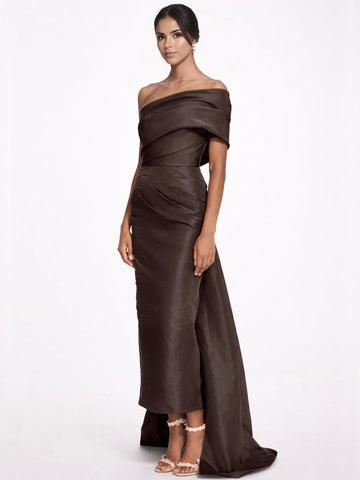 Sheath/Column Evening Dress Taffeta One-Shoulder Sleeveless Ankle-Length Evening Dress With Back Bow