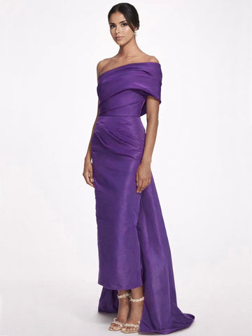 Sheath/Column Evening Dress Taffeta One-Shoulder Sleeveless Ankle-Length Evening Dress With Back Bow