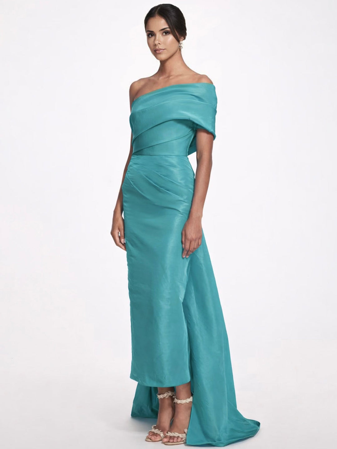 Sheath/Column Evening Dress Taffeta One-Shoulder Sleeveless Ankle-Length Evening Dress With Back Bow