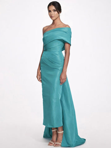 Sheath/Column Evening Dress Taffeta One-Shoulder Sleeveless Ankle-Length Evening Dress With Back Bow