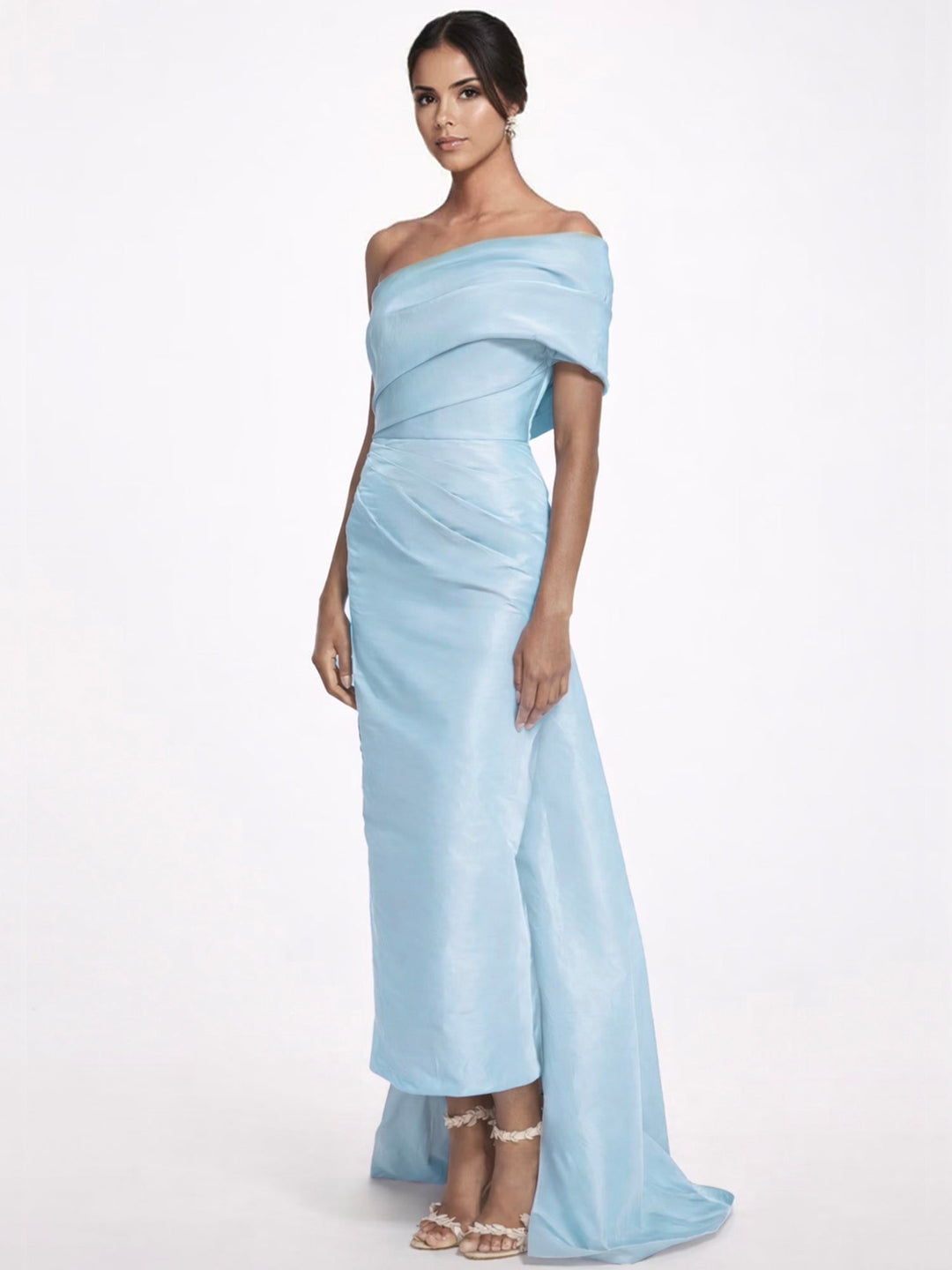 Sheath/Column Evening Dress Taffeta One-Shoulder Sleeveless Ankle-Length Evening Dress With Back Bow
