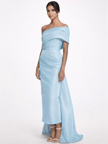 Sheath/Column Evening Dress Taffeta One-Shoulder Sleeveless Ankle-Length Evening Dress With Back Bow