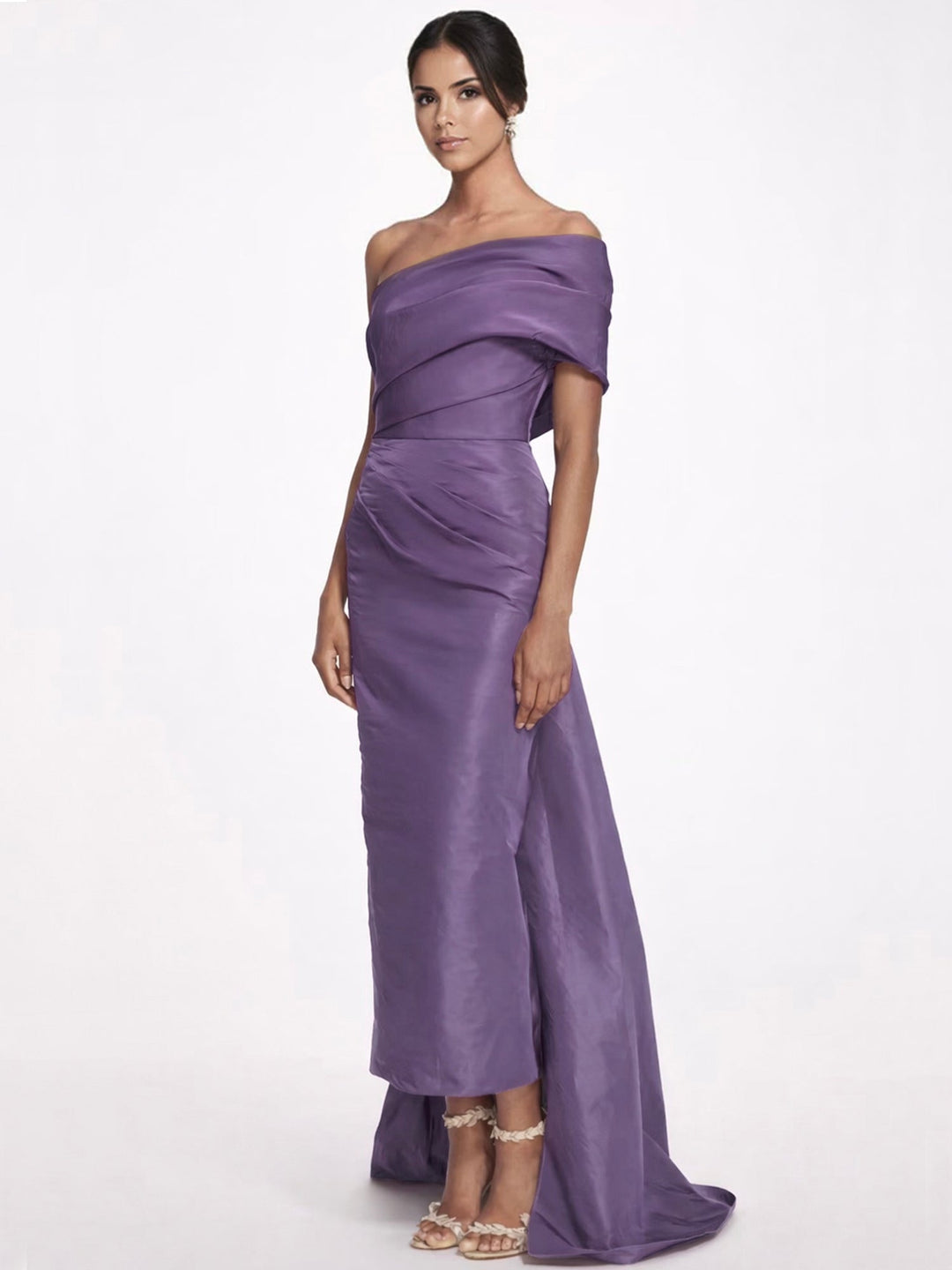 Sheath/Column Evening Dress Taffeta One-Shoulder Sleeveless Ankle-Length Evening Dress With Back Bow