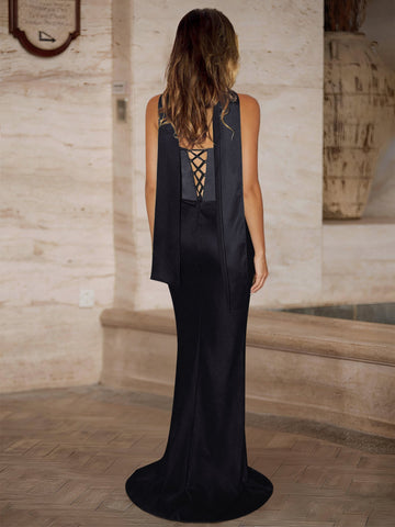 Sheath Long Evening Dresses Corset Strapless Floor-length Satin Convertible Prom Dresses With Scarf