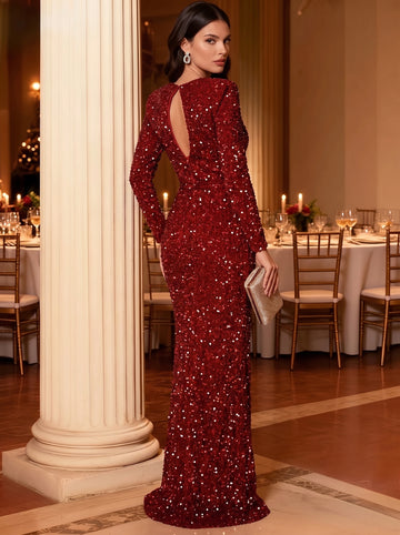 Sequin Mermaid Evening Dress Sparkle Formal Gala Floor Length Long Sleeves V Neck Christmas Party Dress With Side Split