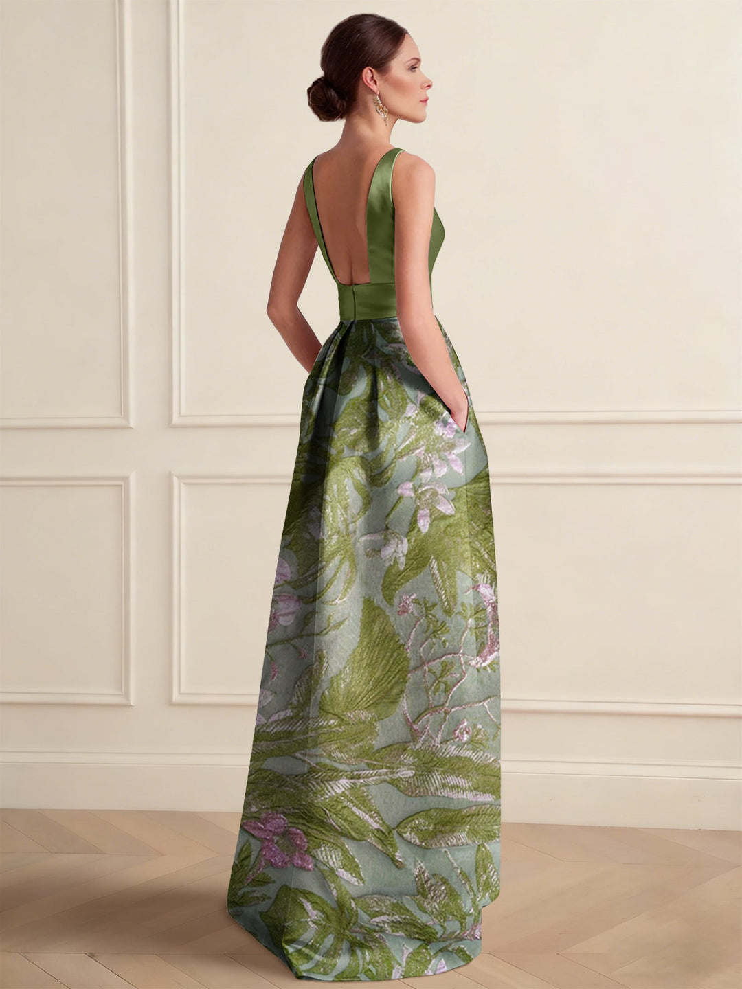 A-Line Cocktail Dress Elegant Jacquard Floral Dress Floor Length Sleeveless V Neck with Pocket Wedding Guest Dress