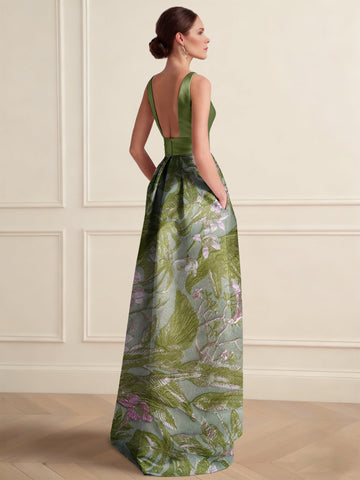 A-Line Cocktail Dress Elegant Jacquard Floral Dress Floor Length Sleeveless V Neck with Pocket Wedding Guest Dress
