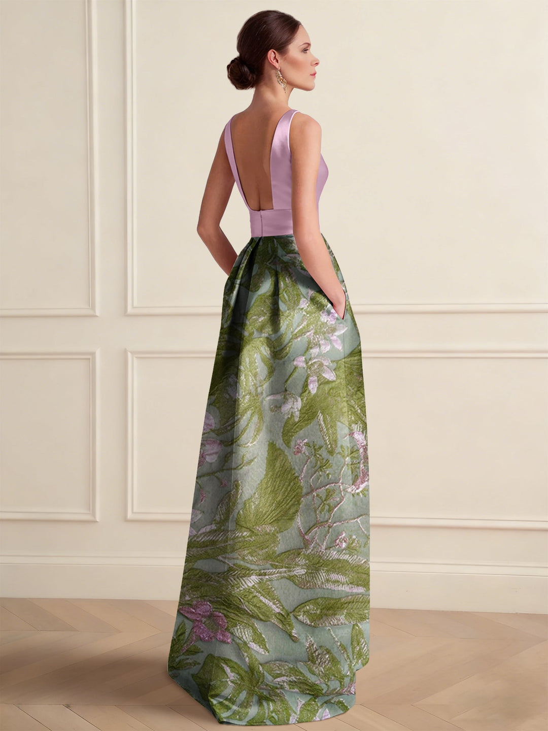 A-Line Cocktail Dress Elegant Jacquard Floral Dress Floor Length Sleeveless V Neck with Pocket Wedding Guest Dress