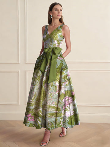 A-Line/Princess Cocktail Dresses Floral Formal V Neck Sleeveless Tea Length with Bowknot Pocket
