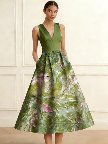 A-Line/Princesses Elegant Cocktail Dress Jacquard Floral Dress Tea-Length Sleeveless V Neck Wedding Guest Dress with Pockets