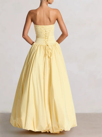 A-Line/Princess Long Butter Yellow Prom Dresses Basque Waist Stretch Strapless Floor-Length Side Split With Pleats&Back Lace-Up Wedding Guest Dresses