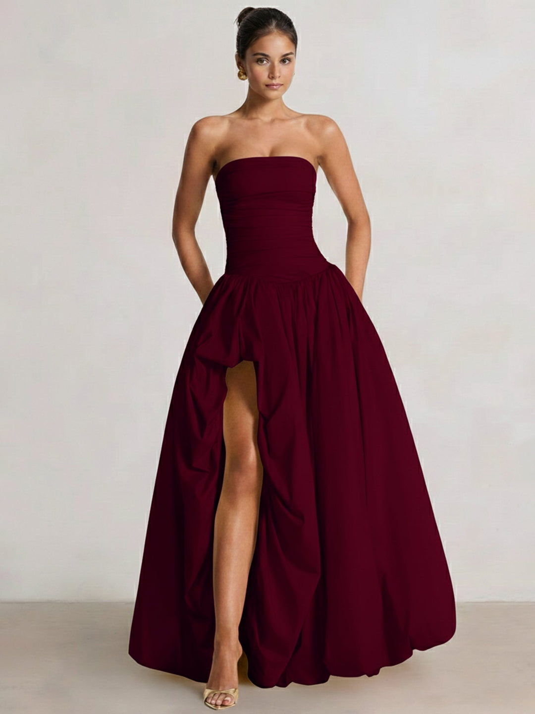A-Line/Princess Long Butter Yellow Prom Dresses Basque Waist Stretch Strapless Floor-Length Side Split With Pleats&Back Lace-Up Wedding Guest Dresses