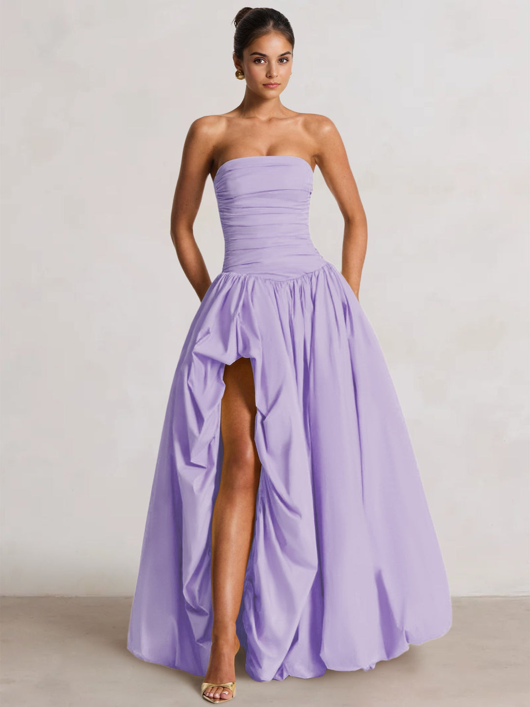 A-Line/Princess Long Butter Yellow Prom Dresses Basque Waist Stretch Strapless Floor-Length Side Split With Pleats&Back Lace-Up Wedding Guest Dresses