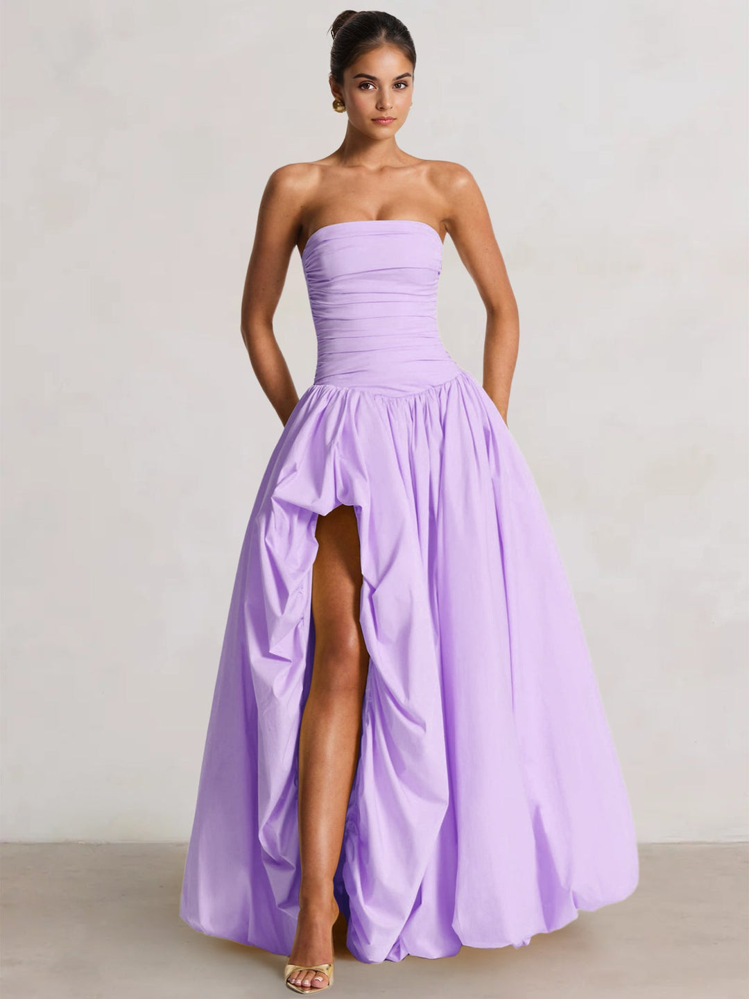 A-Line/Princess Long Butter Yellow Prom Dresses Basque Waist Stretch Strapless Floor-Length Side Split With Pleats&Back Lace-Up Wedding Guest Dresses