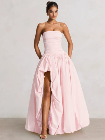 A-Line/Princess Long Butter Yellow Prom Dresses Basque Waist Stretch Strapless Floor-Length Side Split With Pleats&Back Lace-Up Wedding Guest Dresses