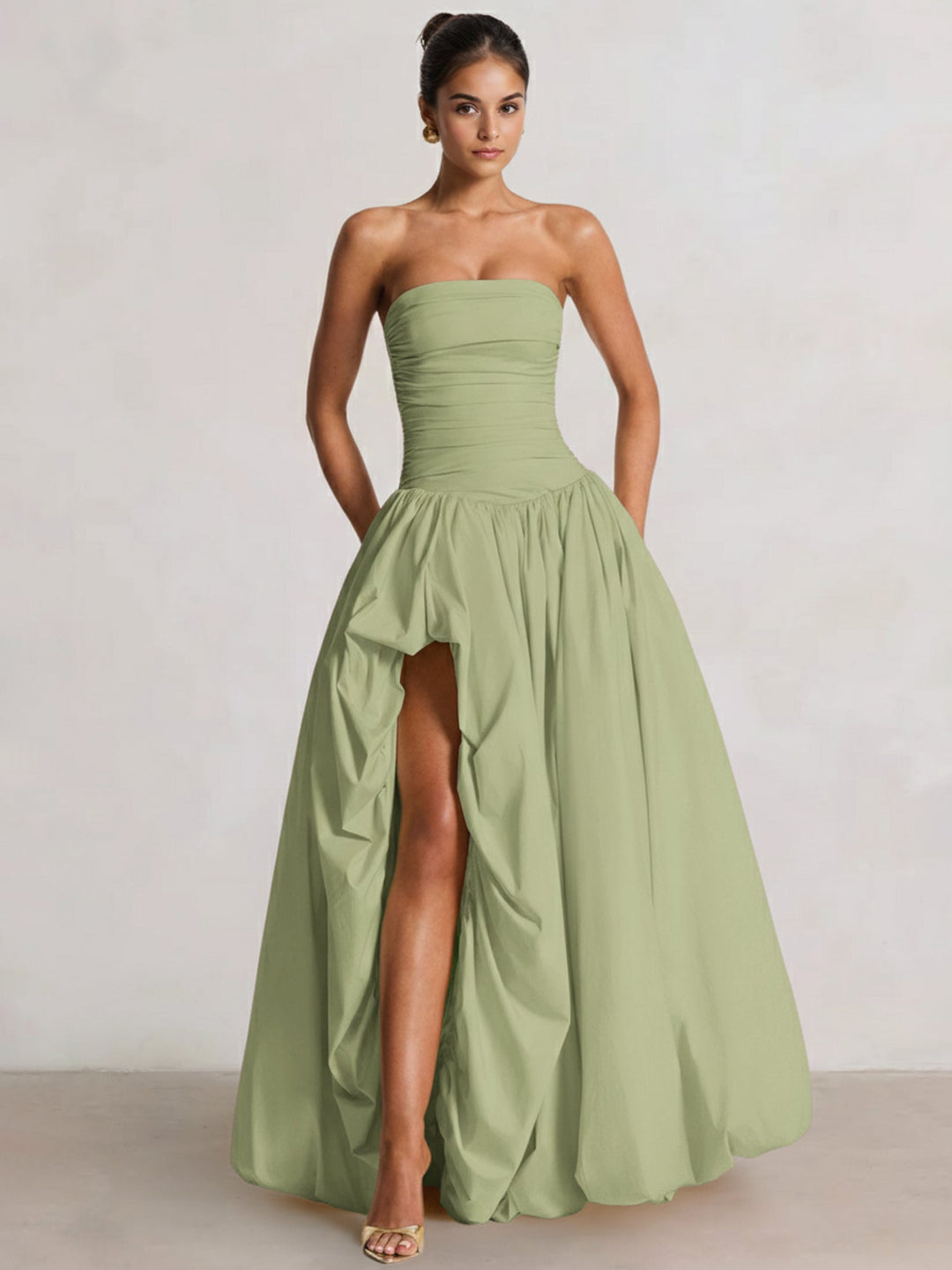 A-Line/Princess Long Butter Yellow Prom Dresses Basque Waist Stretch Strapless Floor-Length Side Split With Pleats&Back Lace-Up Wedding Guest Dresses