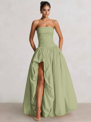 A-Line/Princess Long Butter Yellow Prom Dresses Basque Waist Stretch Strapless Floor-Length Side Split With Pleats&Back Lace-Up Wedding Guest Dresses