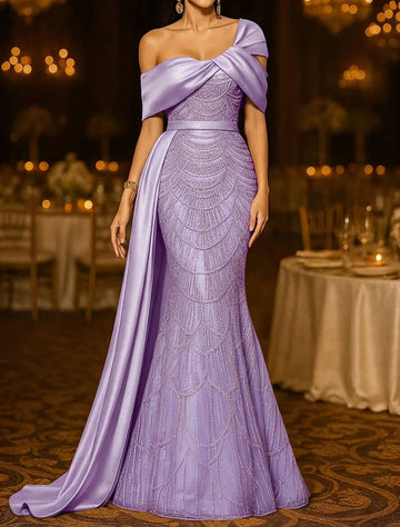 Sequin Mermaid / Trumpet Evening Gown Elegant Formal Dress Formal Wedding Floor Length Sleeveless Off Shoulder Sequined with Glitter