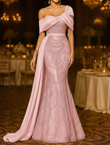 Sequin Mermaid / Trumpet Evening Gown Elegant Formal Dress Formal Wedding Floor Length Sleeveless Off Shoulder Sequined with Glitter