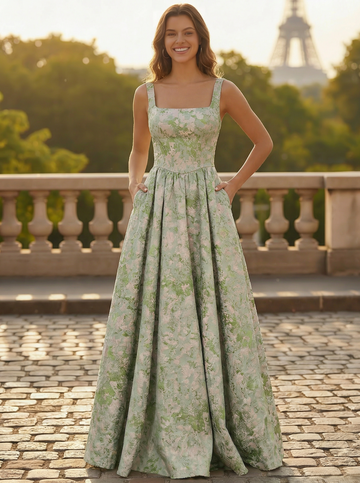 A-Line Prom Dress Elegant Jacquard Floral Dress Floor Length Sleeveless Spaghetti Straps with Slit Pocket Sage Wedding Guest Dress