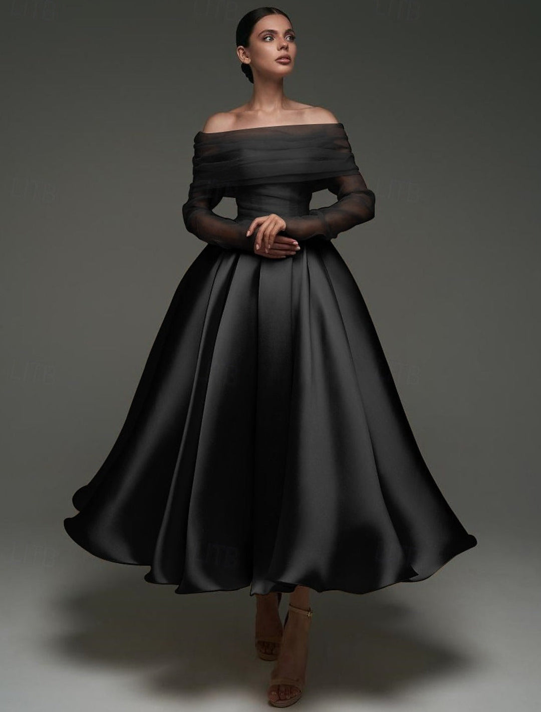 A Line Cocktail Dress Detachable With Shawl Ankle Length Elegant Dresses Formal Wedding Long Sleeve Off Shoulder Satin Dress