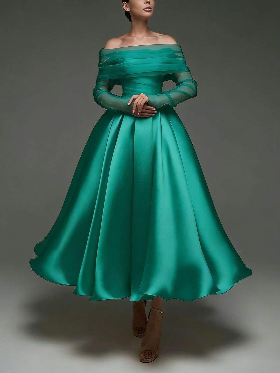A Line Cocktail Dress Detachable With Shawl Ankle Length Elegant Dresses Formal Wedding Long Sleeve Off Shoulder Satin Dress