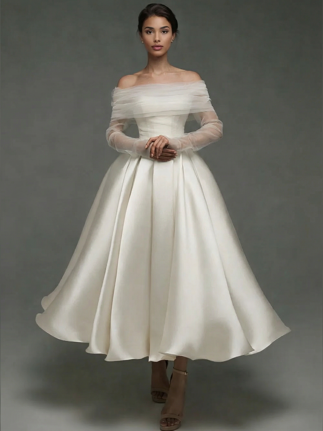 A Line Cocktail Dress Detachable With Shawl Ankle Length Elegant Dresses Formal Wedding Long Sleeve Off Shoulder Satin Dress