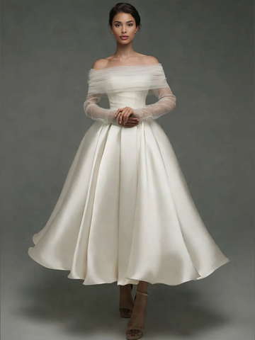 A Line Cocktail Dress Detachable With Shawl Ankle Length Elegant Dresses Formal Wedding Long Sleeve Off Shoulder Satin Dress