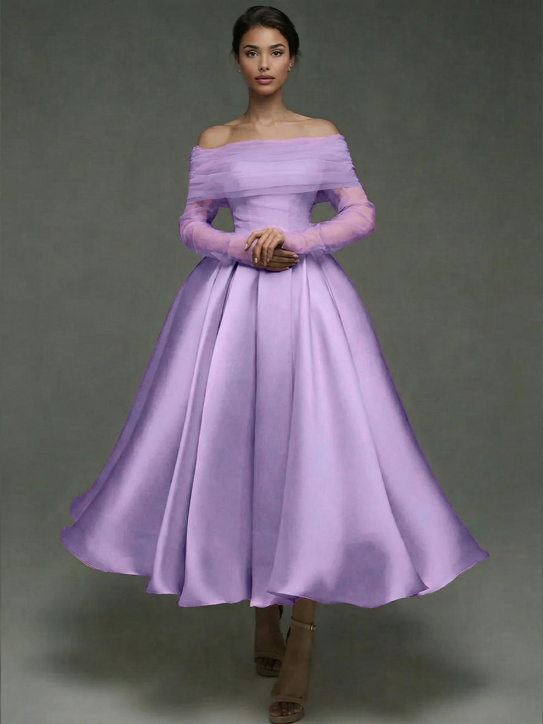 A Line Cocktail Dress Detachable With Shawl Ankle Length Elegant Dresses Formal Wedding Long Sleeve Off Shoulder Satin Dress