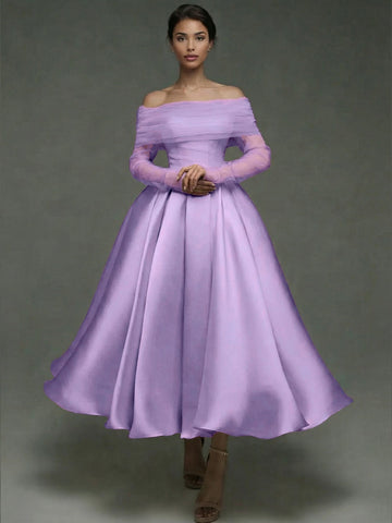 A Line Cocktail Dress Detachable With Shawl Ankle Length Elegant Dresses Formal Wedding Long Sleeve Off Shoulder Satin Dress