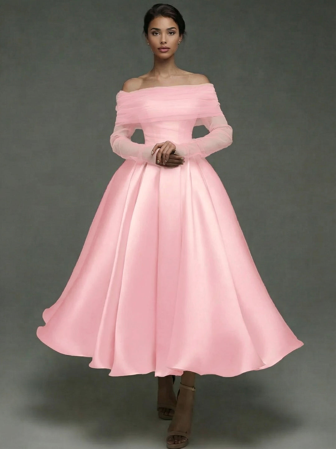 A Line Cocktail Dress Detachable With Shawl Ankle Length Elegant Dresses Formal Wedding Long Sleeve Off Shoulder Satin Dress