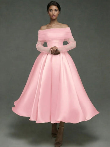 A Line Cocktail Dress Detachable With Shawl Ankle Length Elegant Dresses Formal Wedding Long Sleeve Off Shoulder Satin Dress