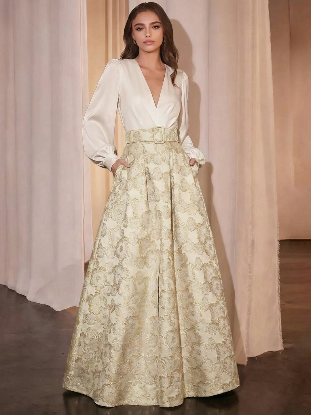 A-Line Evening Dress Floral High Split Formal Gown Jacquard Wedding Guest Floor Length Long Sleeve V Neck Belt / Sash Satin with Slits