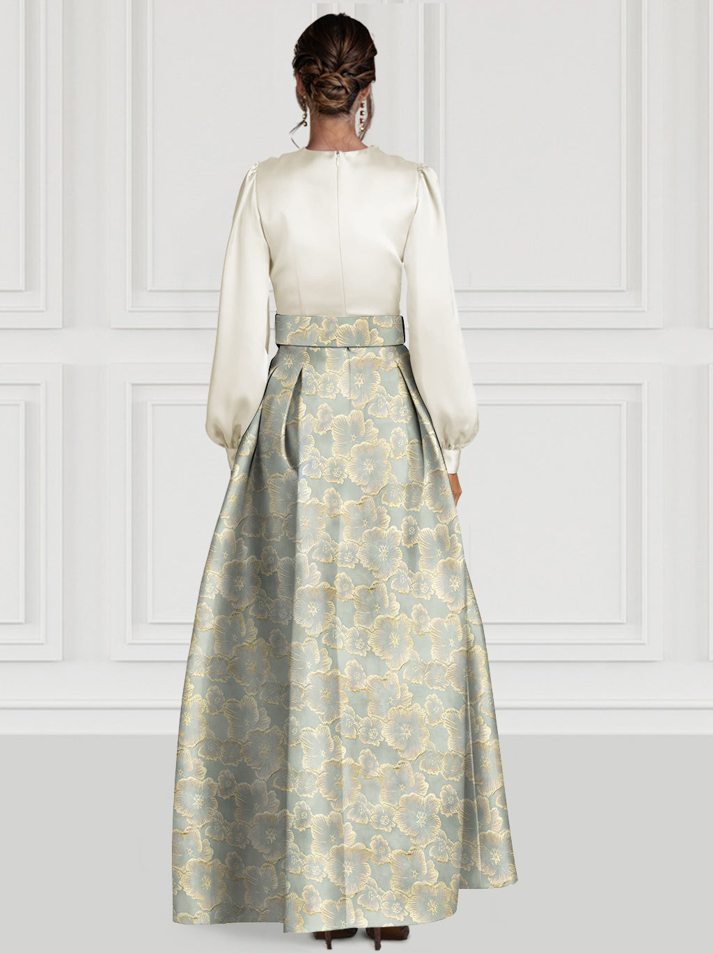 A-Line Evening Dress Floral High Split Formal Gown Jacquard Wedding Guest Floor Length Long Sleeve V Neck Belt / Sash Satin with Slits