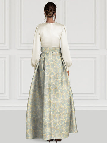A-Line Evening Dress Floral High Split Formal Gown Jacquard Wedding Guest Floor Length Long Sleeve V Neck Belt / Sash Satin with Slits