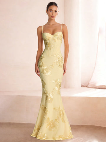 Sheath/Column Long Prom Dresses Basque Waist Spaghetti Straps&Sweetheart Sleeveless Floor-length With Flower Appliques