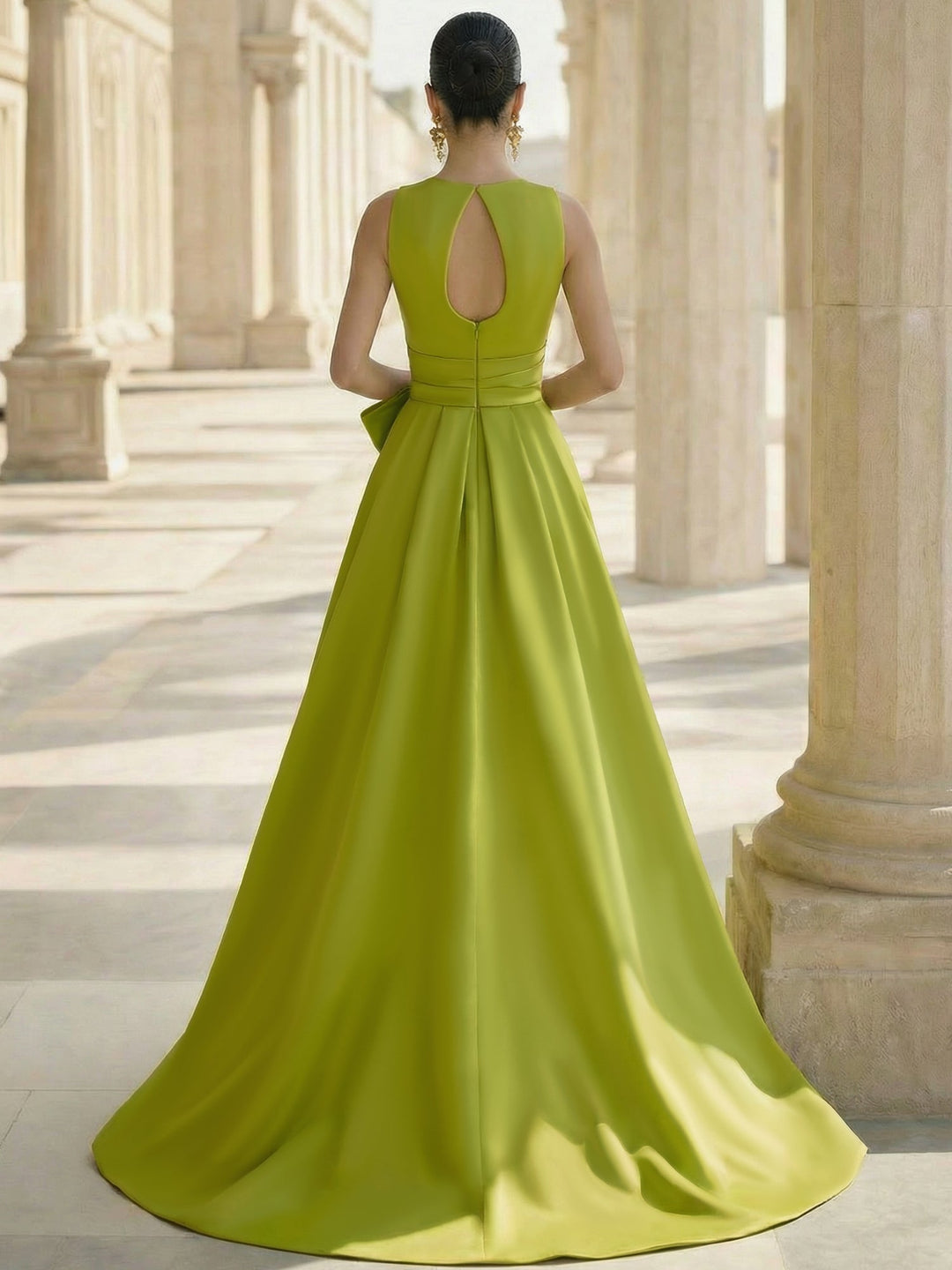 A-Line Formal Evening Dresses Satin Floor-Length Deep V-Neck Elegant Formal Evening Gown With Waistband&Overskirt