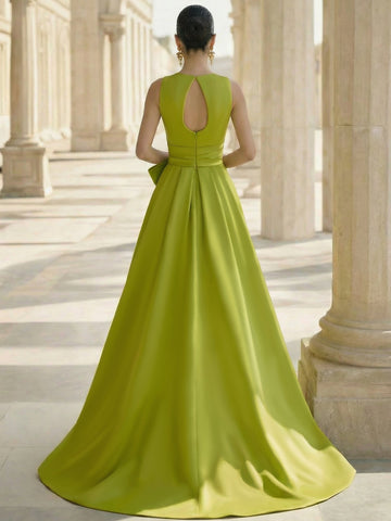 A-Line Formal Evening Dresses Satin Floor-Length Deep V-Neck Elegant Formal Evening Gown With Waistband&Overskirt