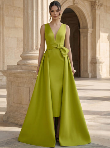 A-Line Formal Evening Dresses Satin Floor-Length Deep V-Neck Elegant Formal Evening Gown With Waistband&Overskirt